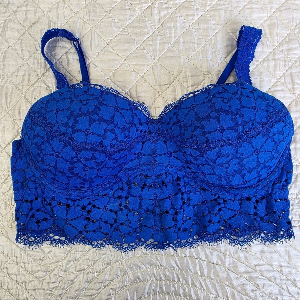 PINK Victoria's Secret Blue Lace Push-Up Longline Bralette Large Sexy Underwire